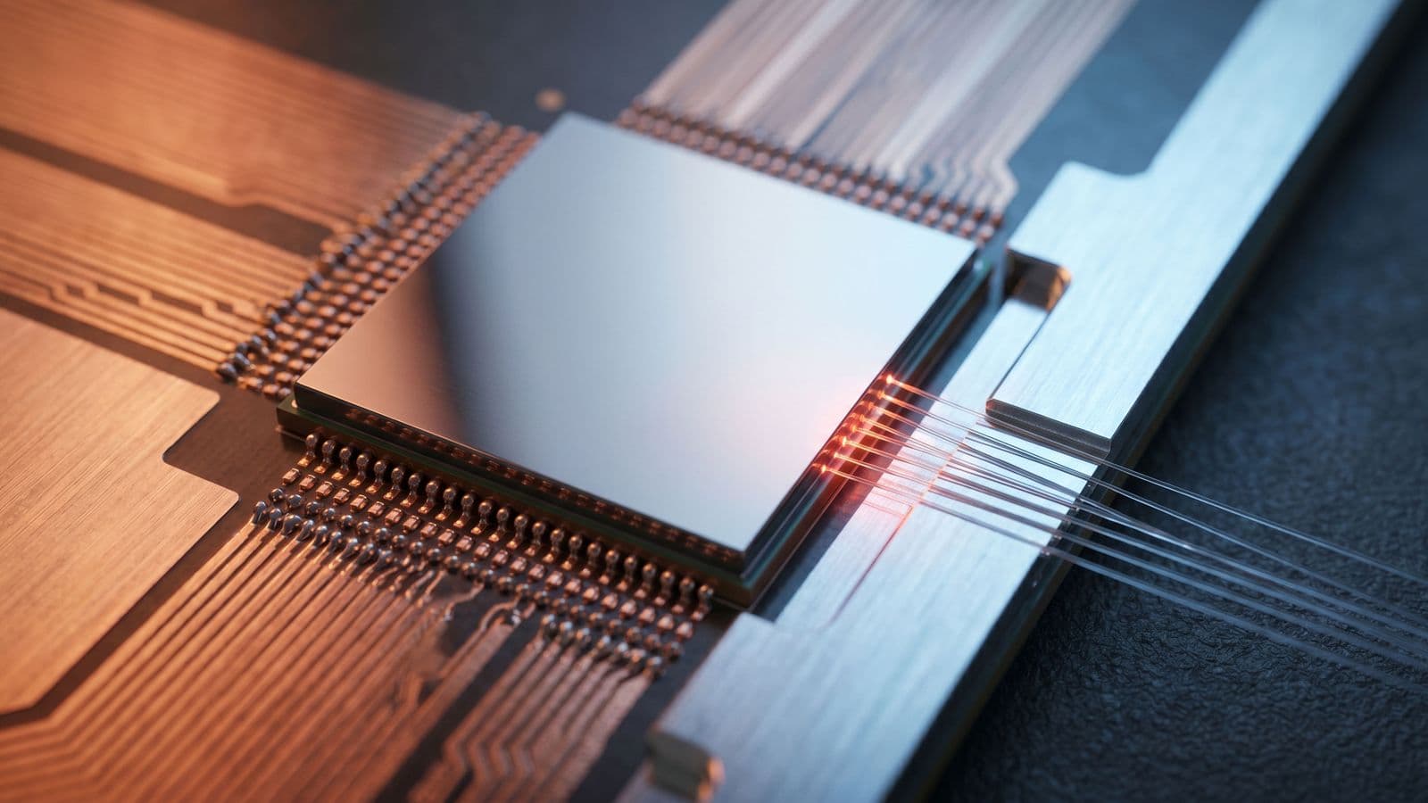 Extreme macro of a co-packaged optics switch package: copper micro-bumps on the substrate hand off through a silicon die to a fiber V-groove coupler at the photonic edge.