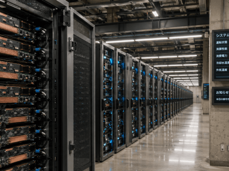 Interior of a Japanese supercomputing facility with open server rack showing GPU accelerators alongside a Fujitsu CPU module, representing FugakuNEXT's hybrid architecture pairing MONAKA-X CPUs with NVIDIA GPUs over NVLink Fusion.
