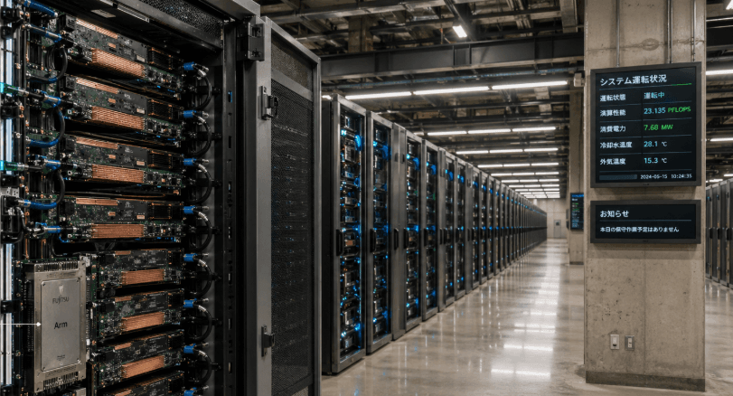 Interior of a Japanese supercomputing facility with open server rack showing GPU accelerators alongside a Fujitsu CPU module, representing FugakuNEXT's hybrid architecture pairing MONAKA-X CPUs with NVIDIA GPUs over NVLink Fusion.