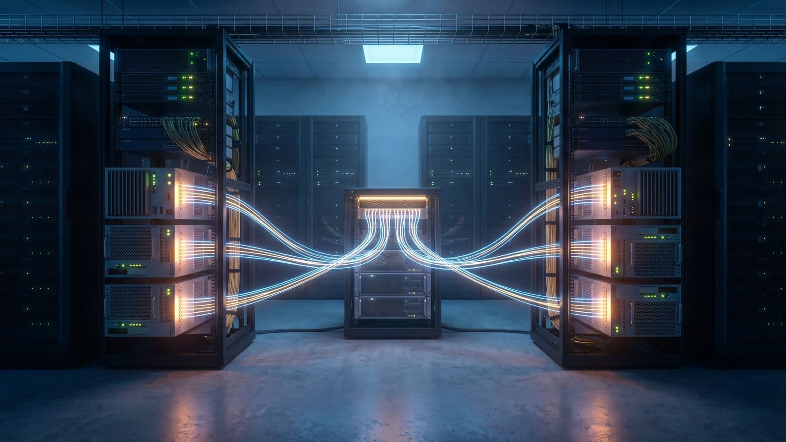 Illustration of token streams routing through a central AI communication layer to a small set of active compute nodes inside a larger data center, representing sparse activation and expert-parallel communication.