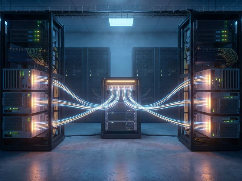 Illustration of token streams routing through a central AI communication layer to a small set of active compute nodes inside a larger data center, representing sparse activation and expert-parallel communication.