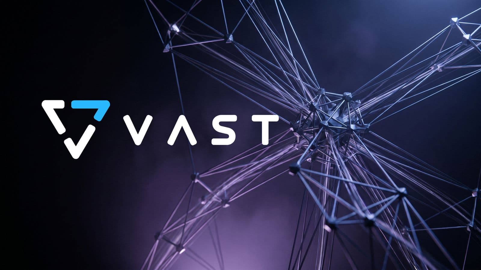 The VAST Data logo over an intricate three-dimensional lattice of interconnected nodes converging toward a central hub, rendered in silver on a dark purple-black background.