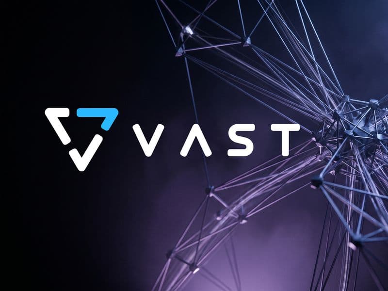 The VAST Data logo over an intricate three-dimensional lattice of interconnected nodes converging toward a central hub, rendered in silver on a dark purple-black background.