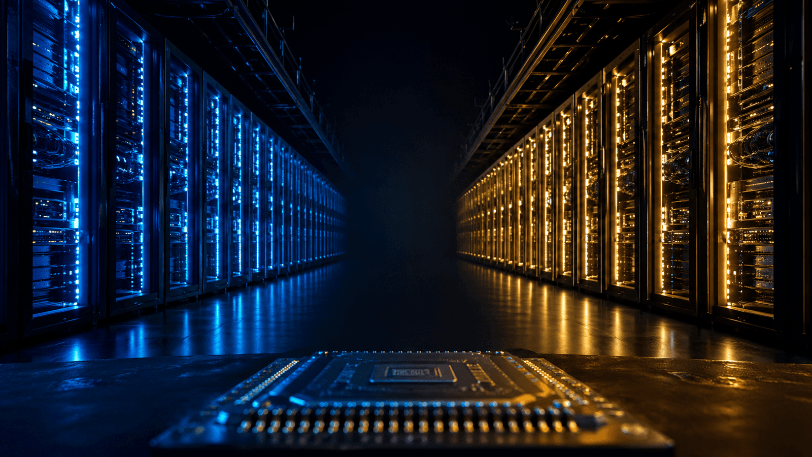 Two parallel rows of AI server infrastructure diverging from a central fault line, representing frontier AI compute splitting between established and emerging hardware ecosystems.