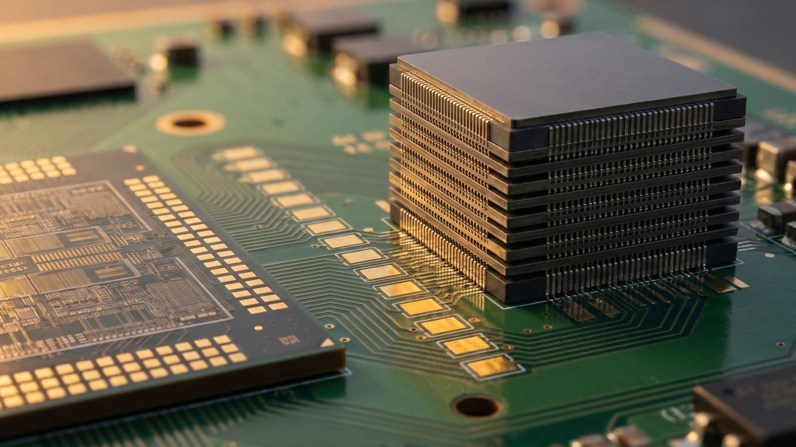 Macro render of a single HBM memory stack beside a GPU die on a silicon interposer, with adjacent memory sockets sitting empty.