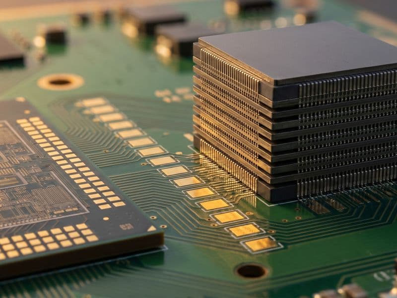 Macro render of a single HBM memory stack beside a GPU die on a silicon interposer, with adjacent memory sockets sitting empty.