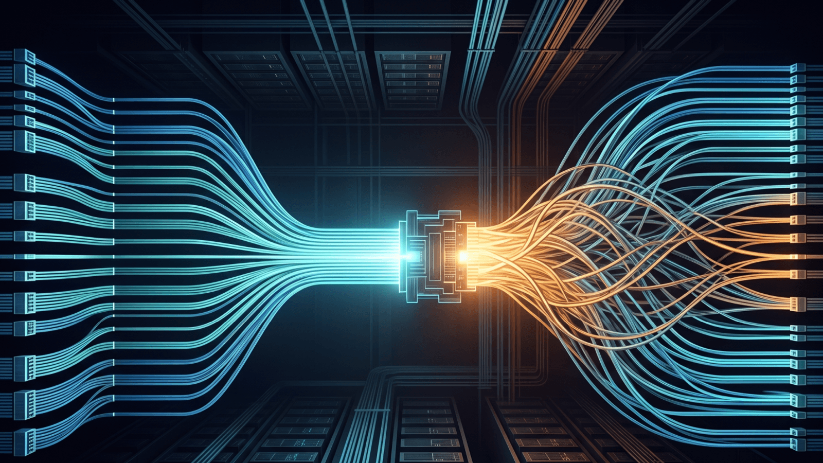 Network flows converging at a switch node, with orderly blue streams on the inbound side becoming chaotic amber tangles on the outbound, visualizing the Incast congestion pattern where InfiniBand collapsed while Slingshot maintained performance.