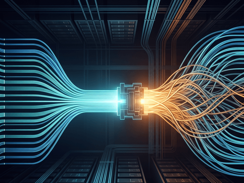 Network flows converging at a switch node, with orderly blue streams on the inbound side becoming chaotic amber tangles on the outbound, visualizing the Incast congestion pattern where InfiniBand collapsed while Slingshot maintained performance.