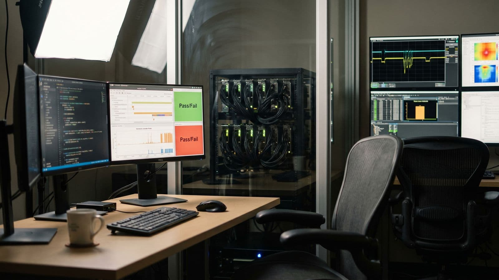 Empty engineering workstation with dual monitors showing GPU kernel code, profiler traces, and pass/fail verification panels, with a small GPU rack visible through a glass partition behind the desk.