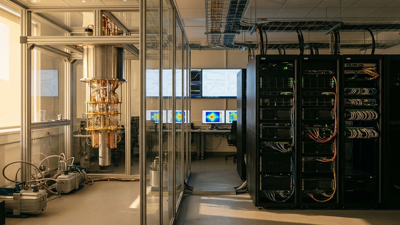 A glass-walled quantum computing lab shows a cryogenic processor assembly on the left, workstation monitors with data plots in the center, and tall server racks with dense cabling on the right.