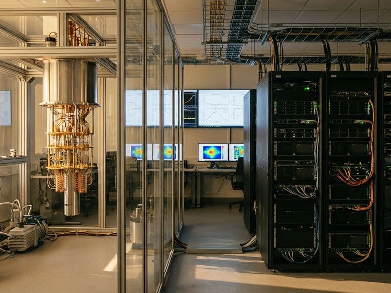 A glass-walled quantum computing lab shows a cryogenic processor assembly on the left, workstation monitors with data plots in the center, and tall server racks with dense cabling on the right.