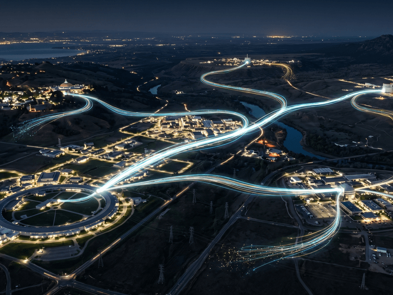 AI Generated Aerial nighttime view of a national laboratory campus with synchrotron ring, connected by luminous data streams extending to distant research facilities, some connections fragmenting at the edges.