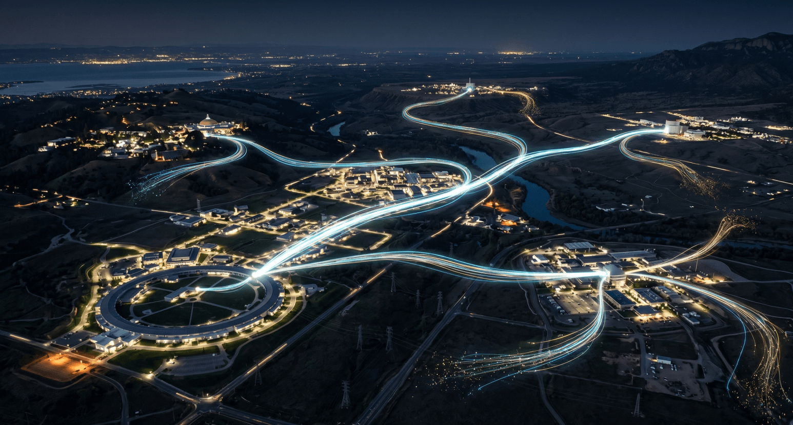 AI Generated Aerial nighttime view of a national laboratory campus with synchrotron ring, connected by luminous data streams extending to distant research facilities, some connections fragmenting at the edges.