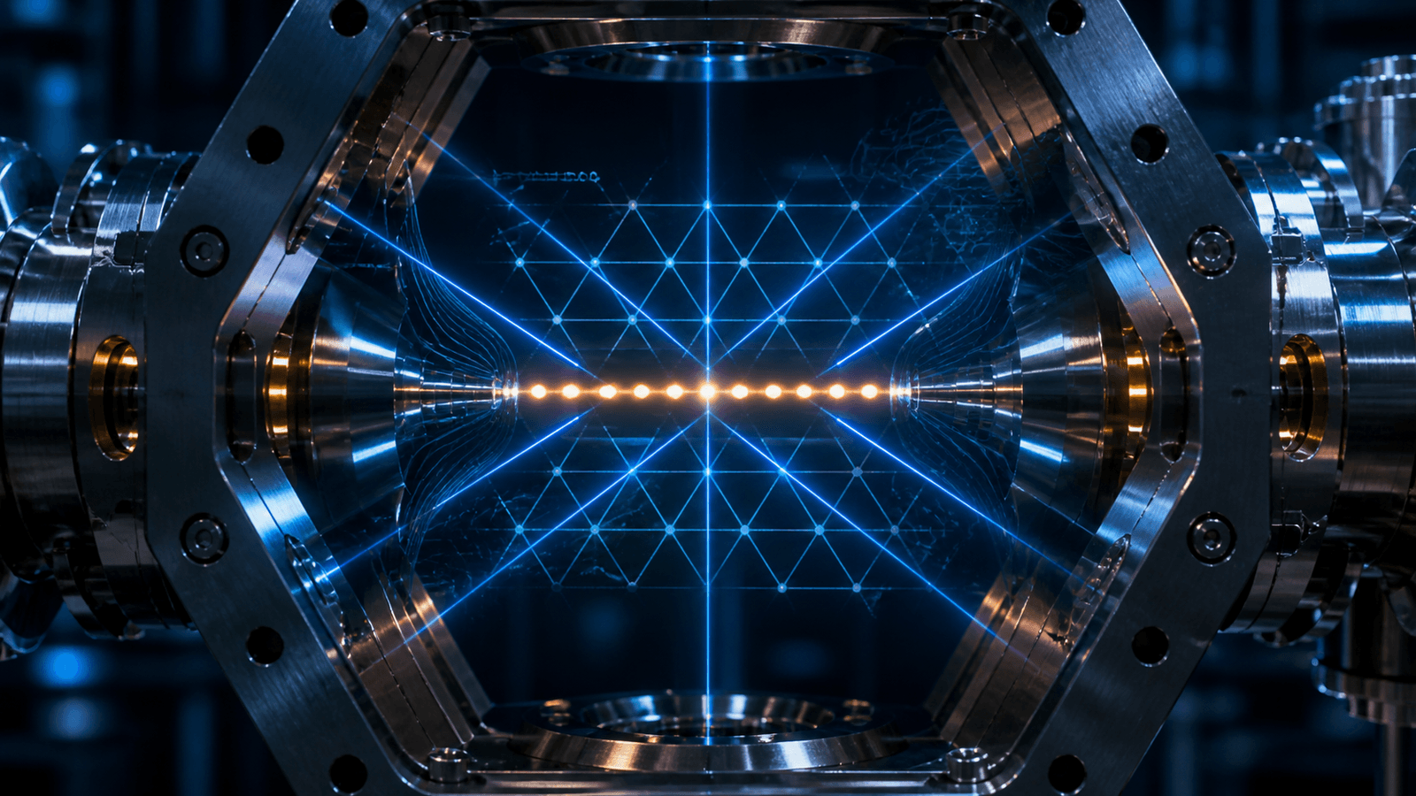 Stylized rendering of a trapped-ion quantum computing chamber showing a horizontal amber ion array surrounded by laser geometry and a triangular lattice overlay, illustrating the Quantinuum H2 system that simulated frustrated quantum magnetism beyond the reach of classical tensor network methods.