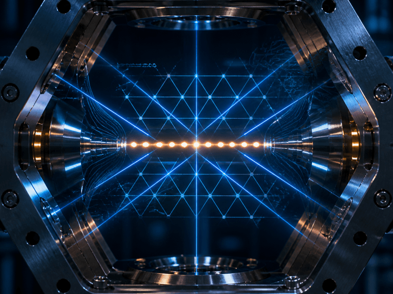 Stylized rendering of a trapped-ion quantum computing chamber showing a horizontal amber ion array surrounded by laser geometry and a triangular lattice overlay, illustrating the Quantinuum H2 system that simulated frustrated quantum magnetism beyond the reach of classical tensor network methods.