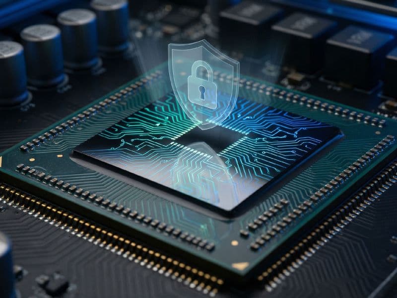Close-up photograph of a modern processor chip on a circuit board with glowing blue-teal traces, a translucent holographic shield and padlock icon hovering above the silicon die, representing hardware-enforced confidential computing for AI workloads.
