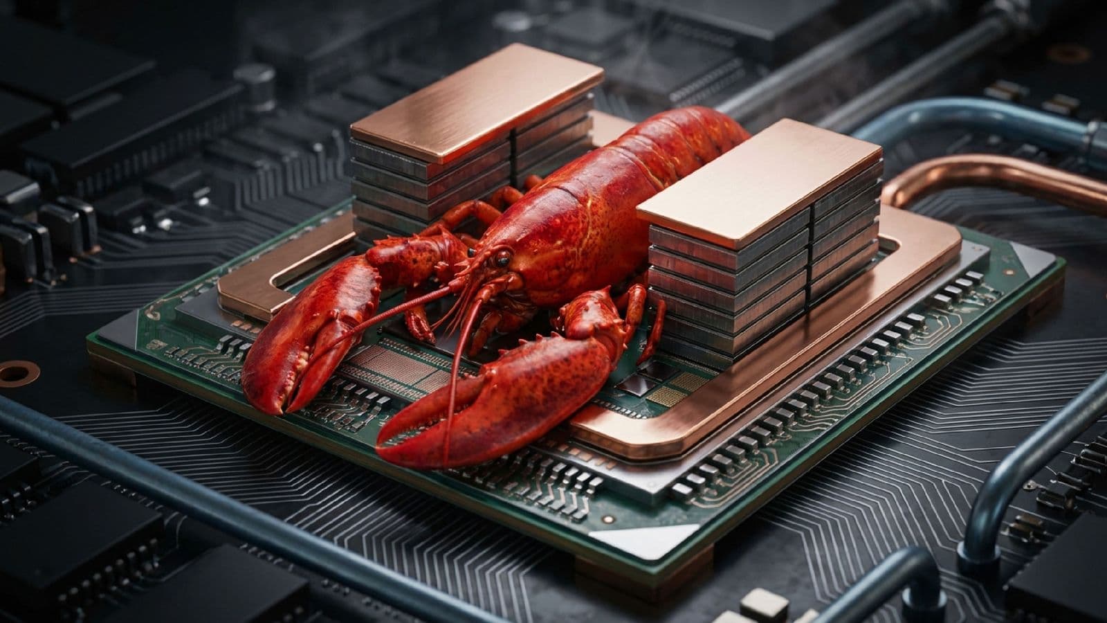Macro view of a red lobster embedded among AI chips, cooling elements, and high-bandwidth memory, illustrating the hardware bottlenecks that keep agentic AI expensive.