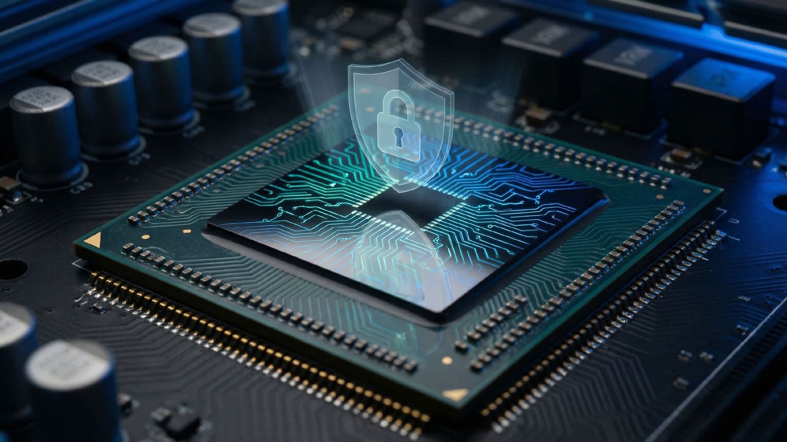 Close-up photograph of a modern processor chip on a circuit board with glowing blue-teal traces, a translucent holographic shield and padlock icon hovering above the silicon die, representing hardware-enforced confidential computing for AI workloads.